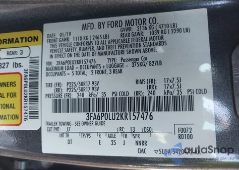 2019 Ford Fusion Hybrid Se z USA, uszkodzony, nr VIN 3FA6P0LU2KR157476